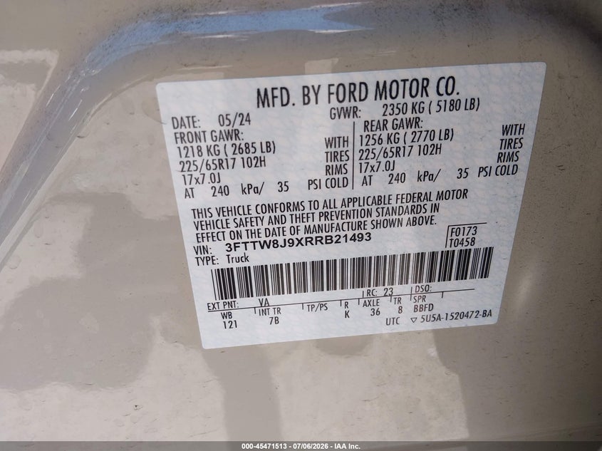 2024 Ford Maverick Xlt VIN: 3FTTW8J9XRRB21493 Lot: 45471513