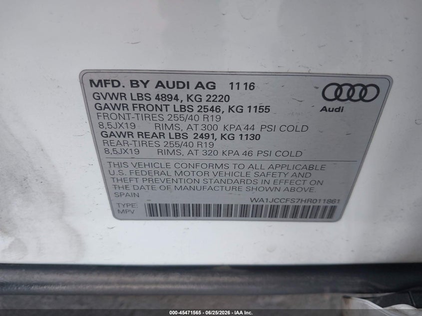 2017 Audi Q3 2.0T Premium VIN: WA1JCCFS7HR011861 Lot: 45471565