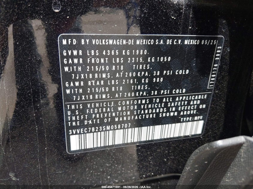 2025 Volkswagen Taos 1.5T Se VIN: 3VVEC7B23SM058707 Lot: 45471591