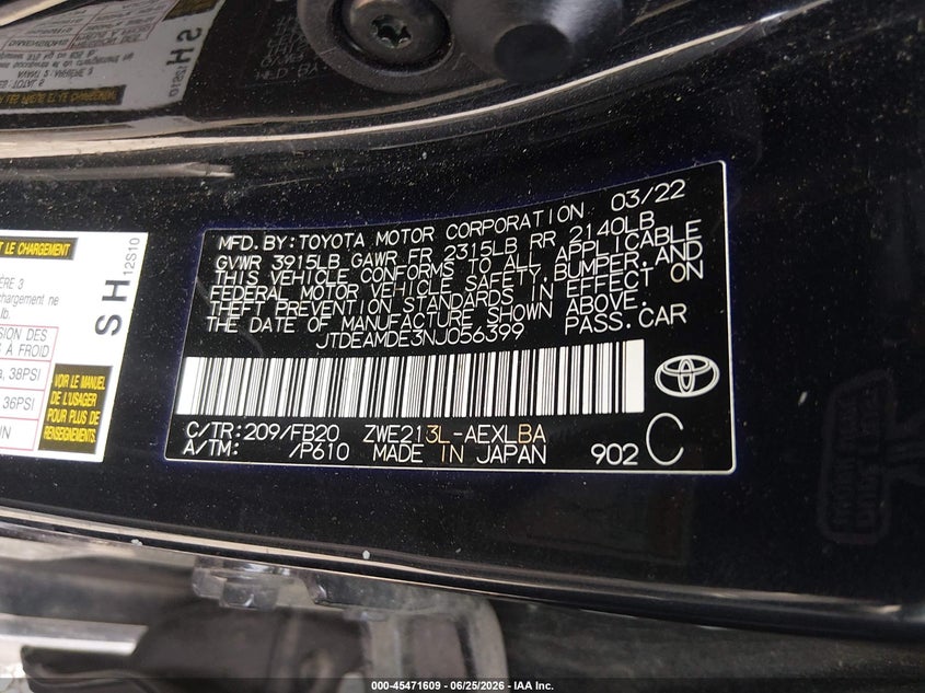 2022 TOYOTA COROLLA SEDAN 1.8L I-4 DOHC, VVT, 96HP