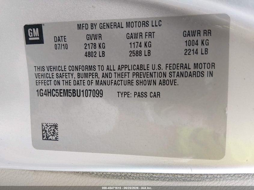 2011 Buick Lucerne Cxl VIN: 1G4HC5EM5BU107099 Lot: 45471615