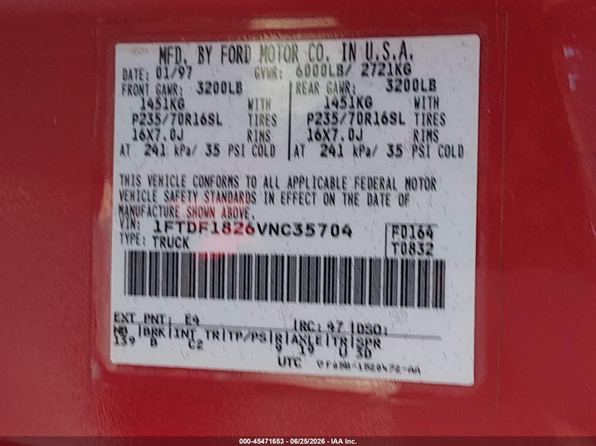 FORD F-150 STANDARD 1997 VIN 1FTDF1826VNC35704
