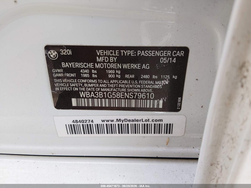 2014 BMW 3ER SEDAN 2.0L I-4 DI, DOHC, VVT, TURBO, 180HP