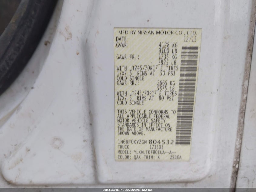 2016 Nissan Nv Cargo Nv2500 Hd Sv V6 VIN: 1N6BF0KY2GN804532 Lot: 45471687