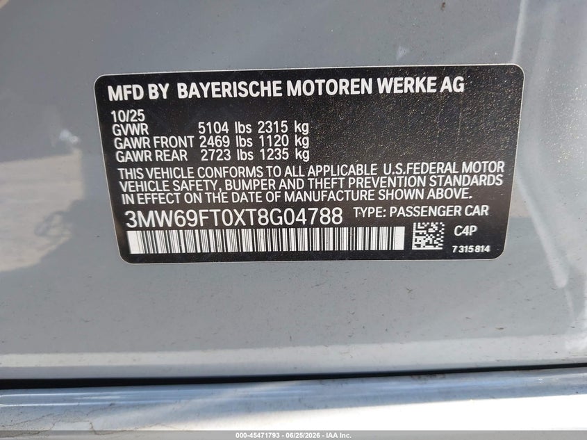 BMW M340I 2026 VIN 3MW69FT0XT8G04788
