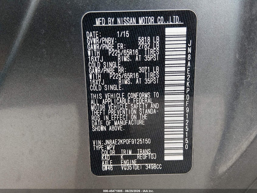 2015 Nissan Quest Platinum/S/Sl/Sv VIN: JN8AE2KP0F9125150 Lot: 45471805