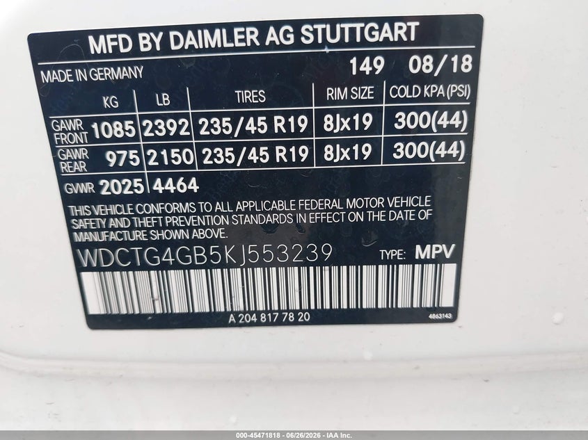 2019 Mercedes-Benz Gla 250 4Matic VIN: WDCTG4GB5KJ553239 Lot: 45471818