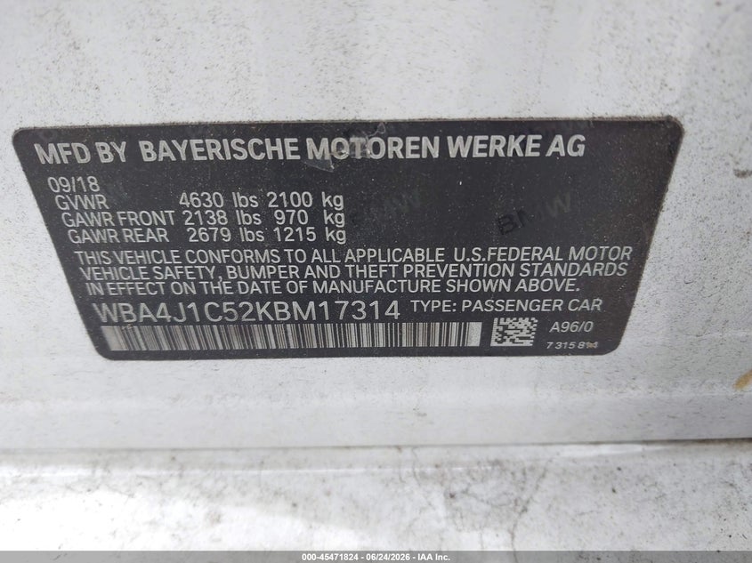 2019 BMW 4ER HATCHBACK 2.0L I-4 DI, DOHC, VVT, TURBO, 248HP