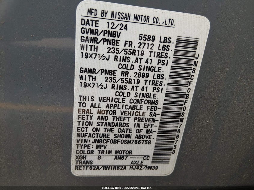 2025 Nissan Ariya Engage VIN: JN8CF0BF0SM766758 Lot: 45471850