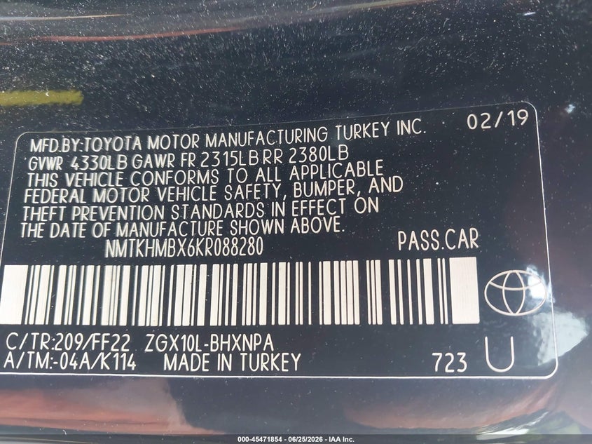 2019 Toyota C-Hr Xle VIN: NMTKHMBX6KR088280 Lot: 45471854