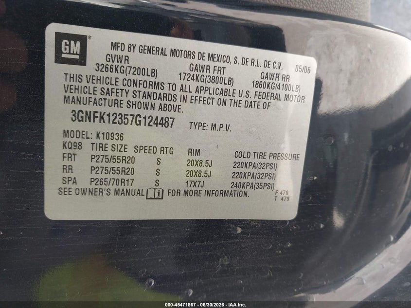 2007 CHEVROLET AVALANCHE TRUCK 5.3L V-8 310HP