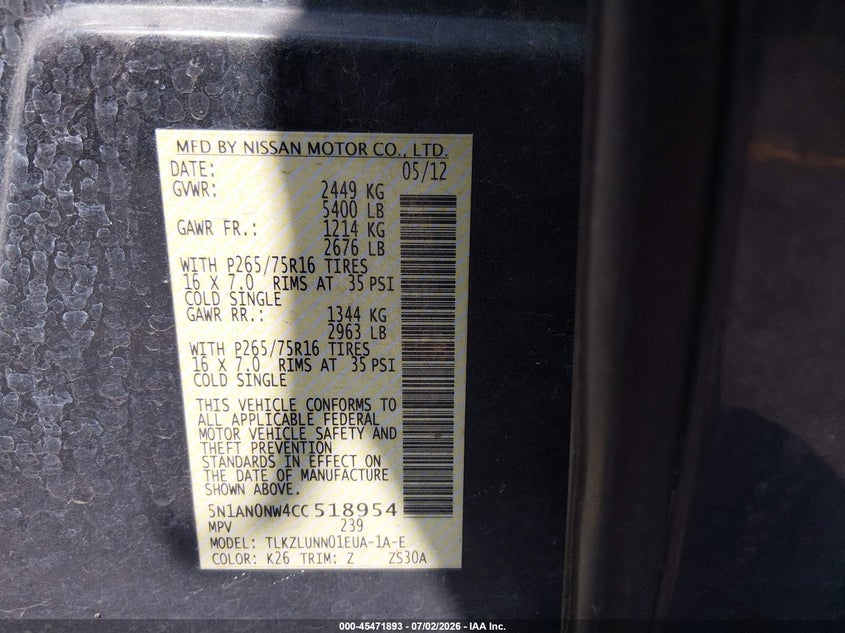 2012 Nissan Xterra Pro-4X VIN: 5N1AN0NW4CC518954 Lot: 45471893