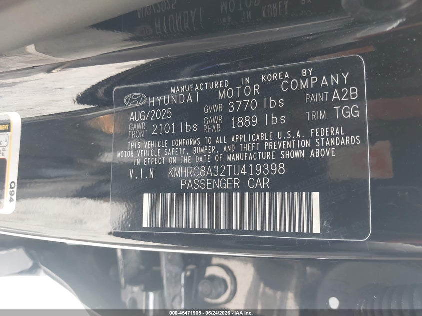 2026 Hyundai Venue Sel VIN: KMHRC8A32TU419398 Lot: 45471905
