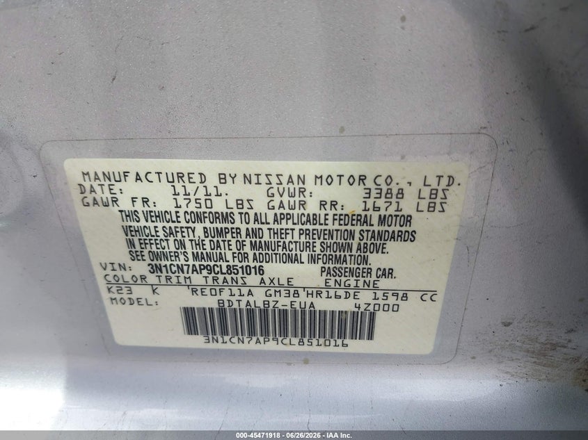 2012 NISSAN VERSA SEDAN 1.6L I-4 DOHC, VVT, 109HP