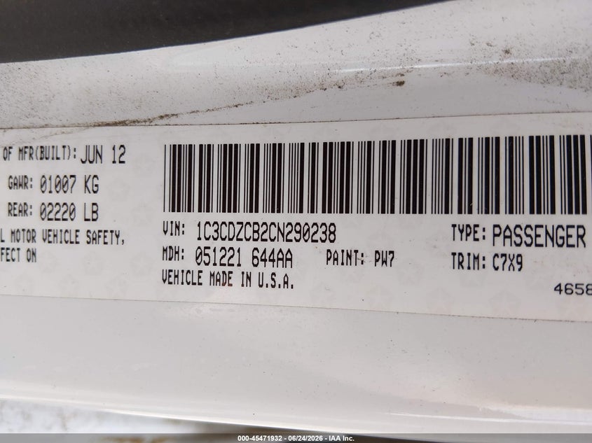 2012 Dodge Avenger Sxt VIN: 1C3CDZCB2CN290238 Lot: 45471932