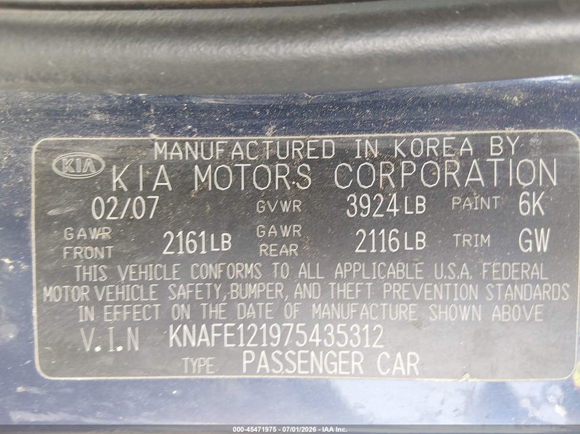 2007 Kia Spectra Ex VIN: KNAFE121975435312 Lot: 45471975