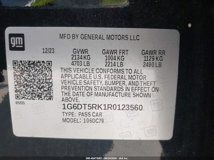 2024 Cadillac Ct5 Premium Luxury VIN: 1G6DT5RK1R0123560 Lot: 45472067