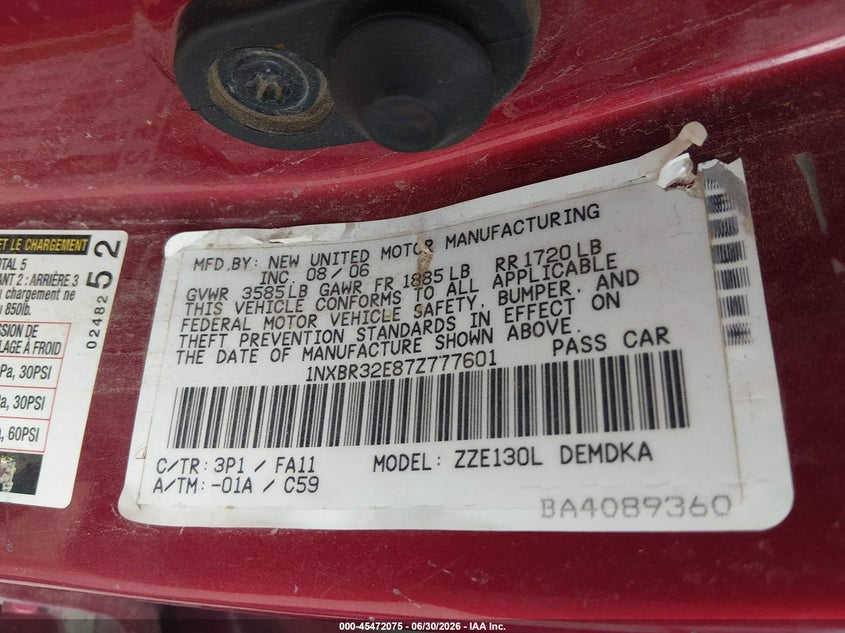 2007 TOYOTA COROLLA SEDAN 1.8L I-4 DOHC, VVT, 126HP