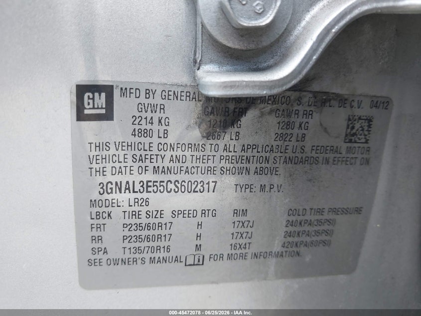 2012 Chevrolet Captiva Sport Lt VIN: 3GNAL3E55CS602317 Lot: 45472078