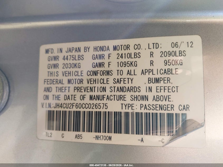 2012 Acura Tsx 2.4 VIN: JH4CU2F60CC026575 Lot: 45472135