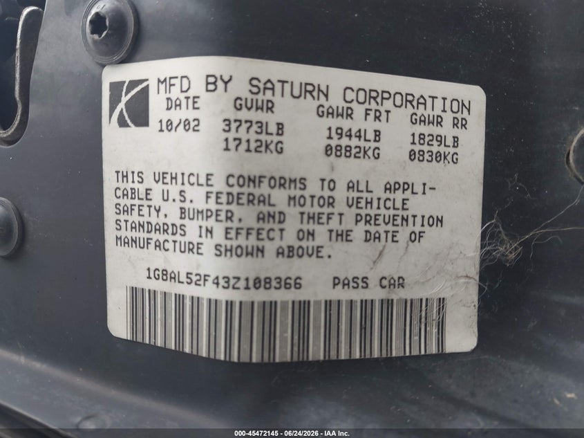 2003 Saturn Ion 3 VIN: 1G8AL52F43Z108366 Lot: 45472145