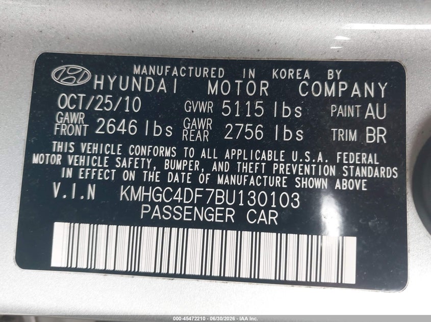 2011 Hyundai Genesis 4.6 VIN: KMHGC4DF7BU130103 Lot: 45472210