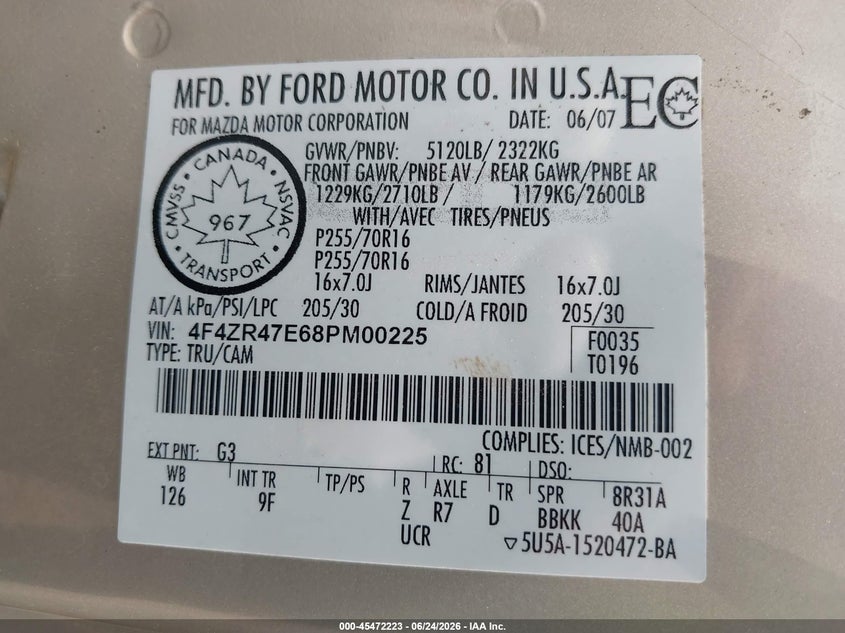 2008 Mazda B4000 Se VIN: 4F4ZR47E68PM00225 Lot: 45472223