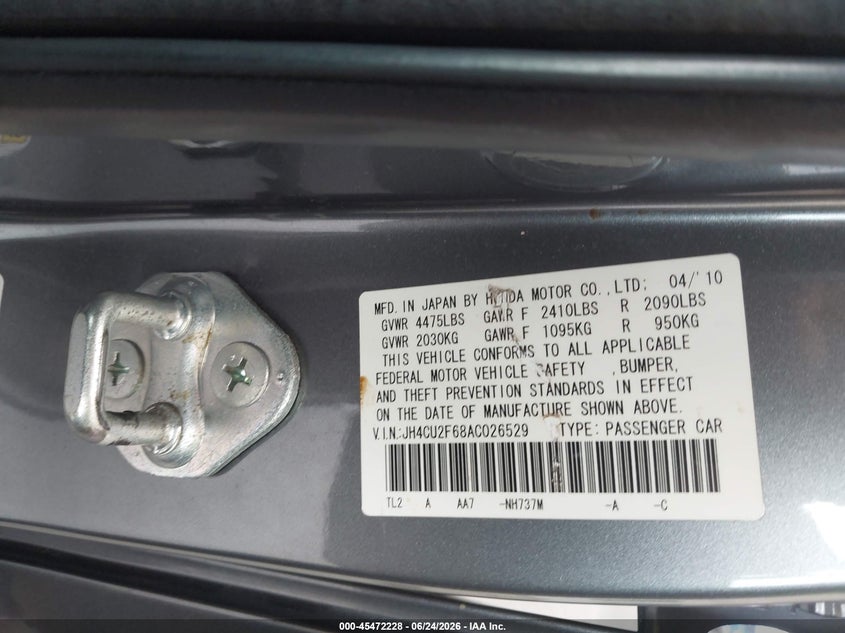 2010 Acura Tsx 2.4 VIN: JH4CU2F68AC026529 Lot: 45472228