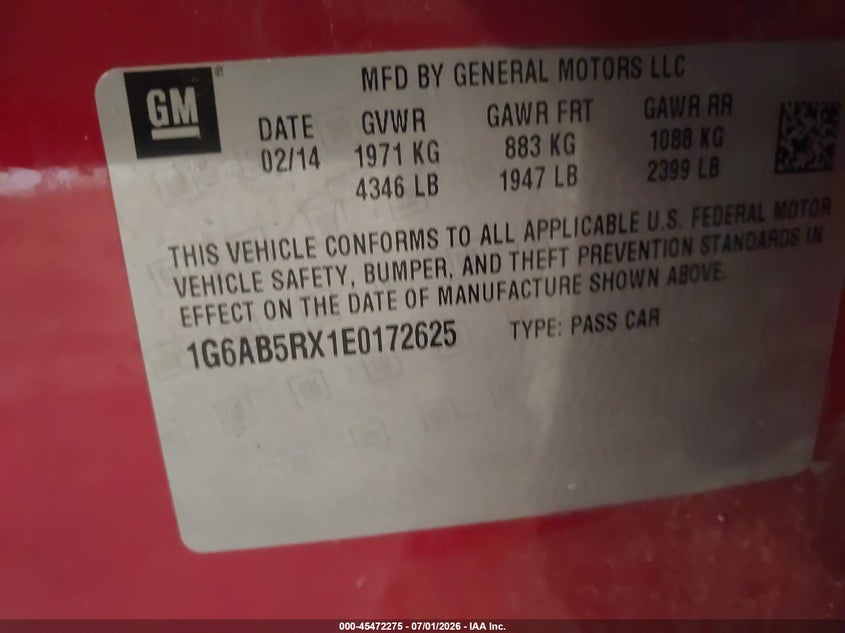 2014 Cadillac Ats Luxury VIN: 1G6AB5RX1E0172625 Lot: 45472275