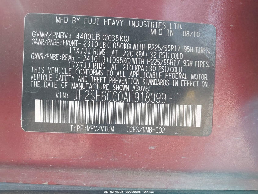 2010 SUBARU FORESTER SPORT UTILITY VEHICLE 2.5L H-4 VVT, 170HP