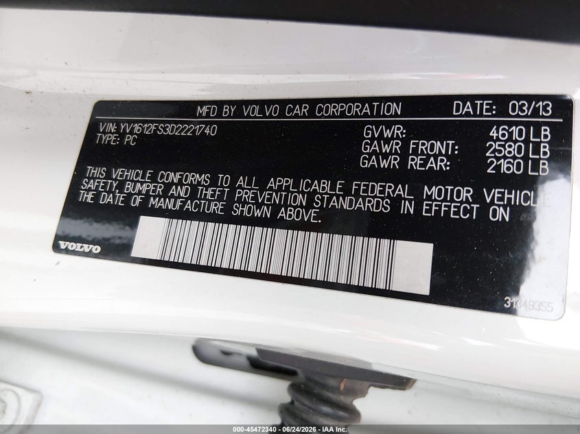 2013 VOLVO S60 SEDAN 2.5L I-5 DOHC, VVT, TURBO, 250HP
