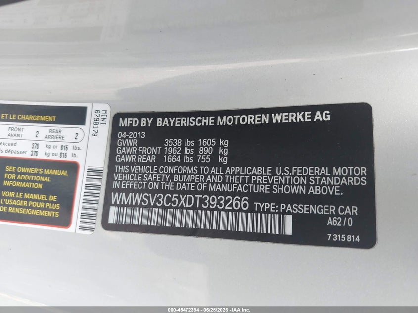 2013 Mini Hardtop Cooper S VIN: WMWSV3C5XDT393266 Lot: 45472394
