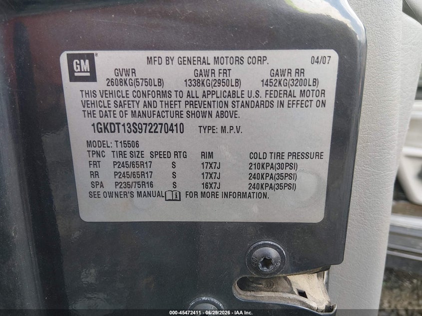 2007 GMC Envoy Sle VIN: 1GKDT13S972270410 Lot: 45472411