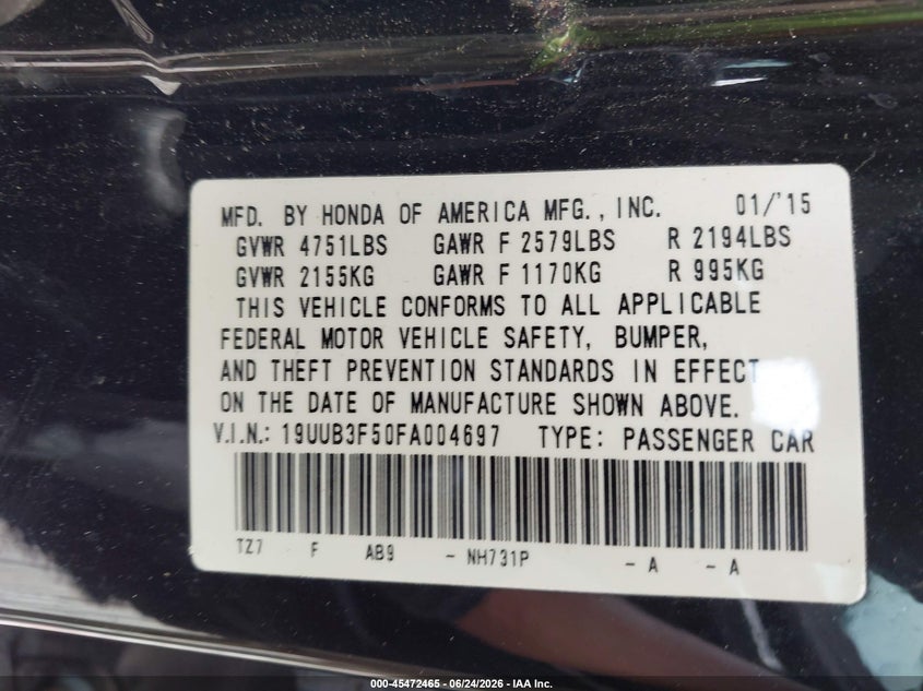 ACURA TLX 2015 VIN 19UUB3F50FA004697