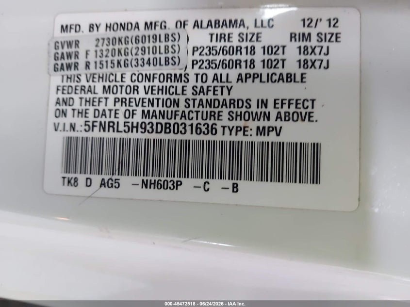 HONDA ODYSSEY 2013 VIN 5FNRL5H93DB031636