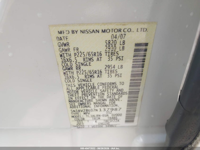 2007 Nissan Quest 3.5 VIN: 5N1BV28U37N137987 Lot: 45472522