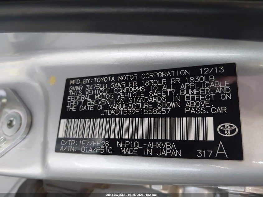 2014 Toyota Prius C Two VIN: JTDKDTB39E1558257 Lot: 45472566