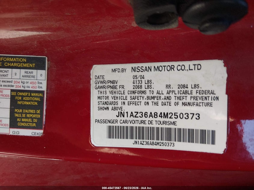 2004 Nissan 350Z Touring VIN: JN1AZ36A84M250373 Lot: 45472567