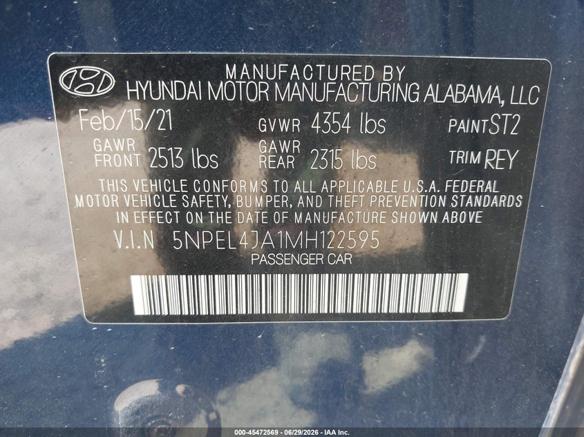 2021 Hyundai Sonata Sel VIN: 5NPEL4JA1MH122595 Lot: 45472569