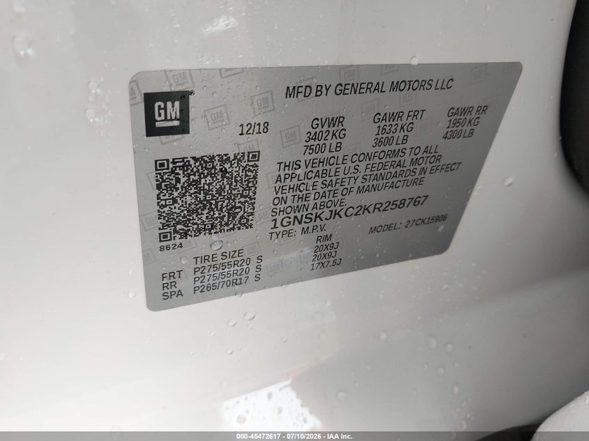 2019 Chevrolet Suburban Premier VIN: 1GNSKJKC2KR258767 Lot: 45472617