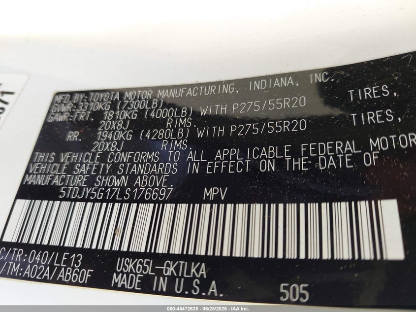 2020 Toyota Sequoia Limited VIN: 5TDJY5G17LS176697 Lot: 45472625