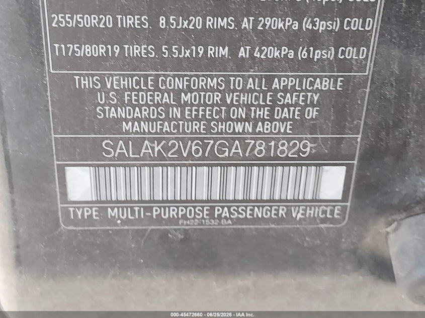 2016 Land Rover Lr4 VIN: SALAK2V67GA781829 Lot: 45472660