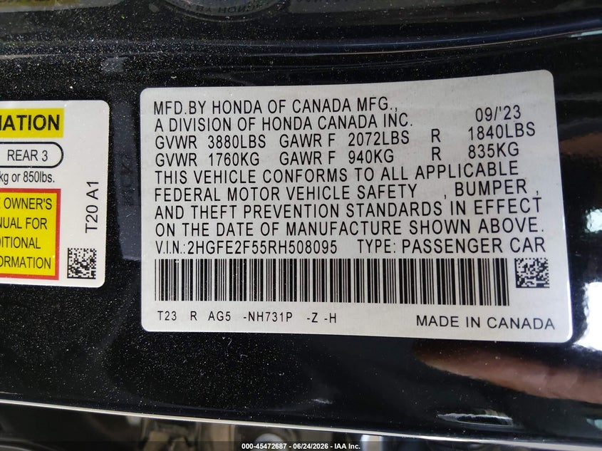 2024 HONDA CIVIC SEDAN 2.0L I-4 DI, DOHC, VVT, 158HP