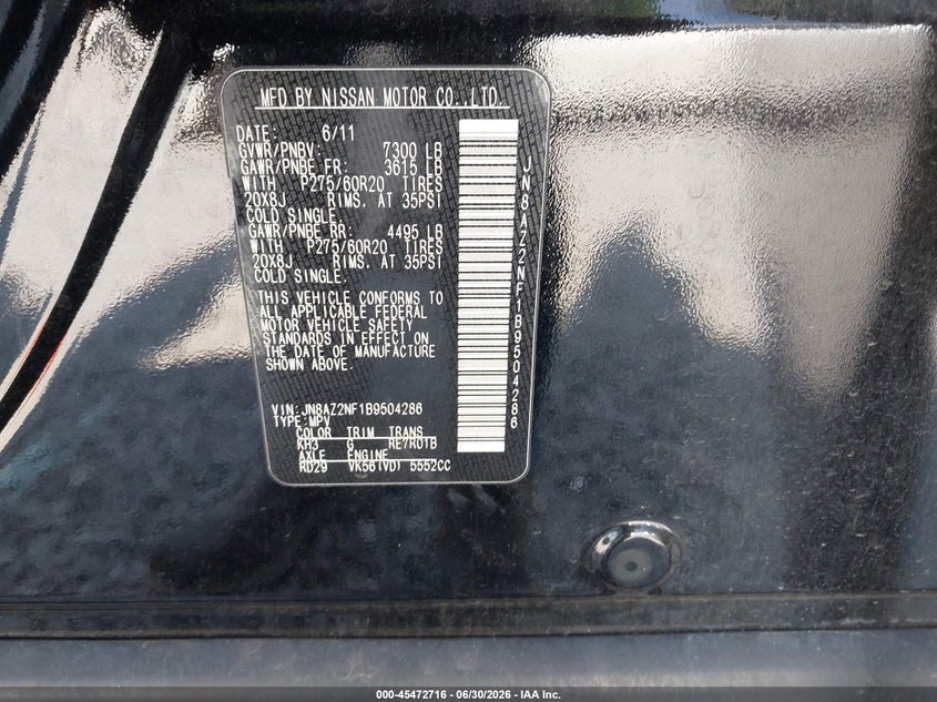 2011 Infiniti Qx56 VIN: JN8AZ2NF1B9504286 Lot: 45472716