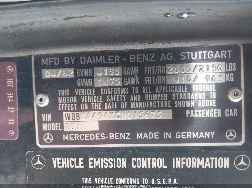 1982 Mercedes-Benz 380 Sl VIN: WDBBA45AXCB015675 Lot: 45472733