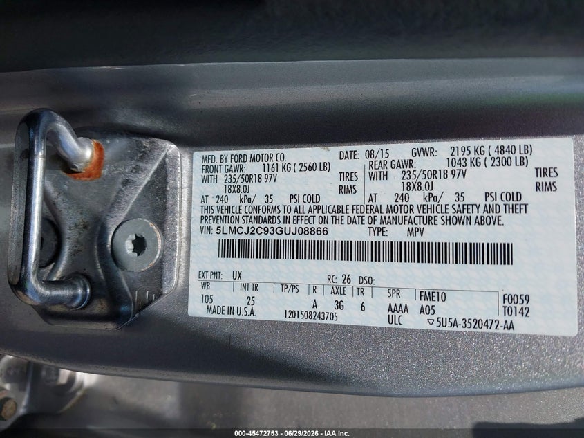2016 Lincoln Mkc Select VIN: 5LMCJ2C93GUJ08866 Lot: 45472753