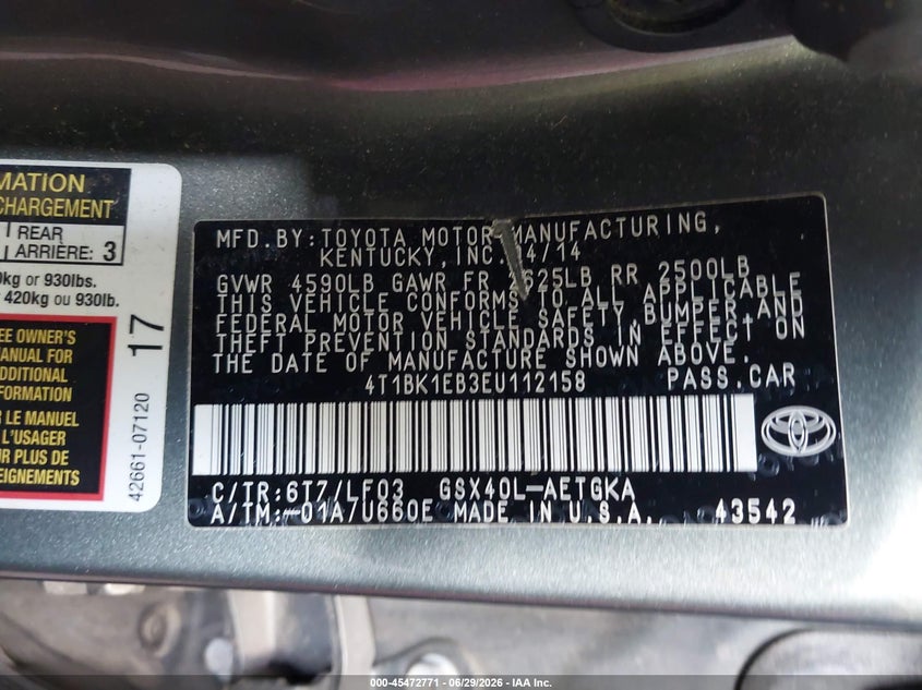 TOYOTA AVALON 2014 VIN 4T1BK1EB3EU112158