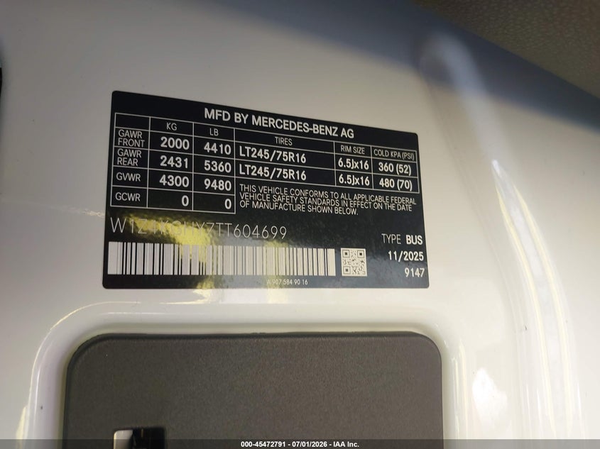 2026 Mercedes-Benz Sprinter 2500 High Roof 4-Cyl Diesel VIN: W1Z4KGHY7TT604699 Lot: 45472791