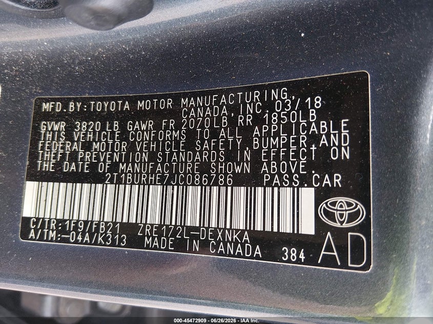 2018 TOYOTA COROLLA SEDAN 1.8L I-4 DOHC, VVT, 132HP