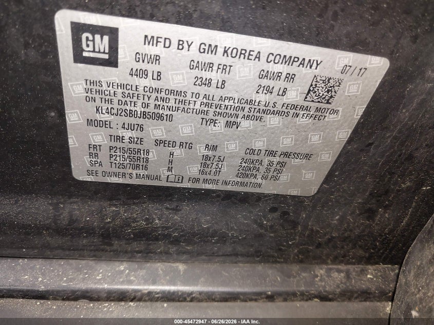 2018 Buick Encore Sport Touring VIN: KL4CJ2SB0JB509610 Lot: 45472947